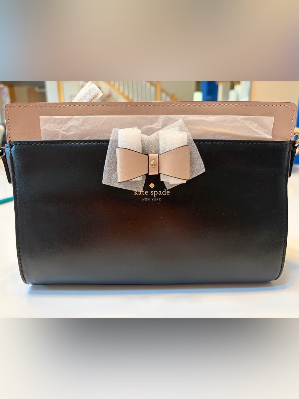 #804 kate spade Angelica Baldwin Street Black Crossbody with Blush Bow Accent.